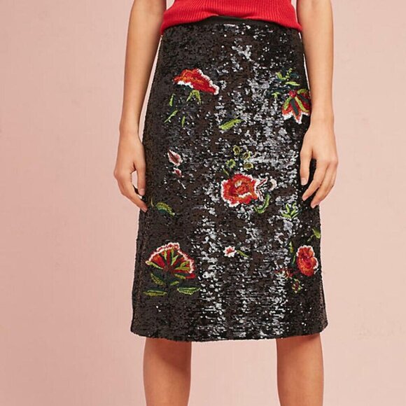 Anthropologie Sequin Floral Skirt 2 Black  A-Line Sparkly Cocktail Knee Length - Picture 9 of 10